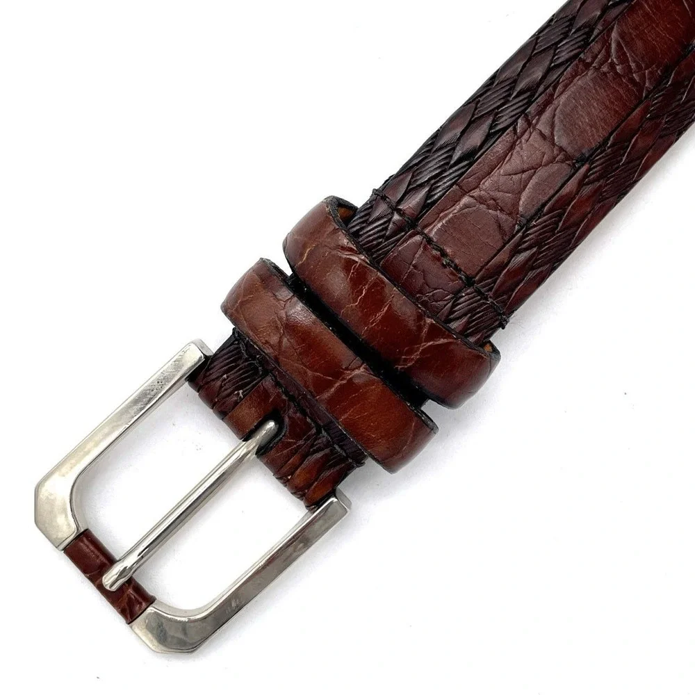VTG Tulliani Brown Calfskin Croc Leather Belt 40 Handcrafted Western Exotic Men